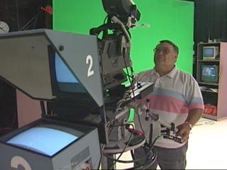 Tuffy is running a camera with teleprompter on the front