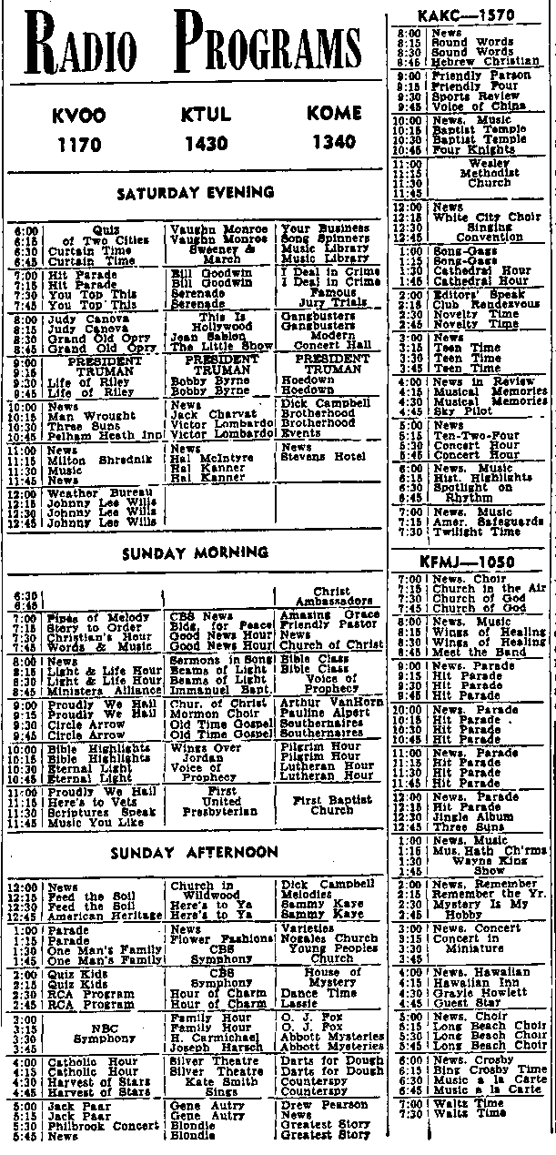 Program listings from the Tulsa Tribune of June 6, 1947