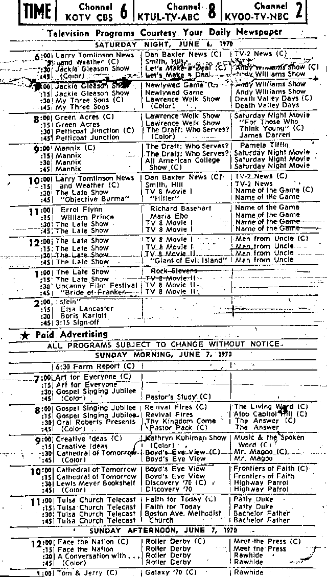 1970 Tulsa TV schedule