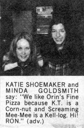 Orin's Pizza ad in the Oklahoma Daily, 12/17/1973 with Katie Shoemaker and Minda Goldsmith