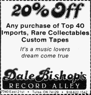 Dale Bishop's
 Record Alley coupon from 1/1983 'Tulsa Time' magazine, courtesy of Roy Payton