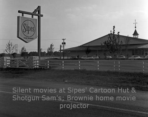 Silent movies at Sipes' Cartoon Hut & Shotgun Sam's; Brownie home movie projector