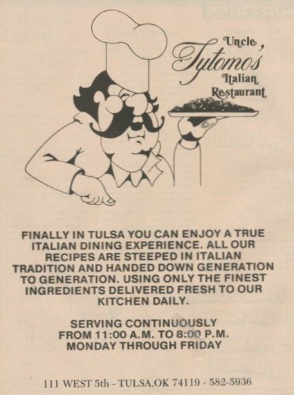 Uncle Tytomo's ad on the back cover of 'Tulsa Time' magazine, May 1983 issue